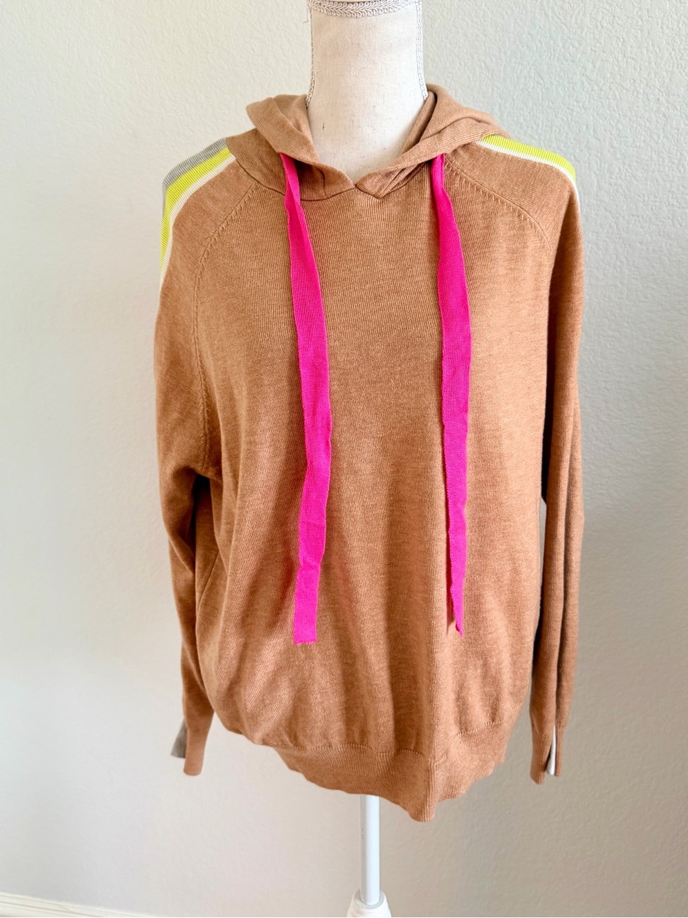 Camel Knit Hoodie Sweater with Fun Neon Sleeves and Pink Drawcords
